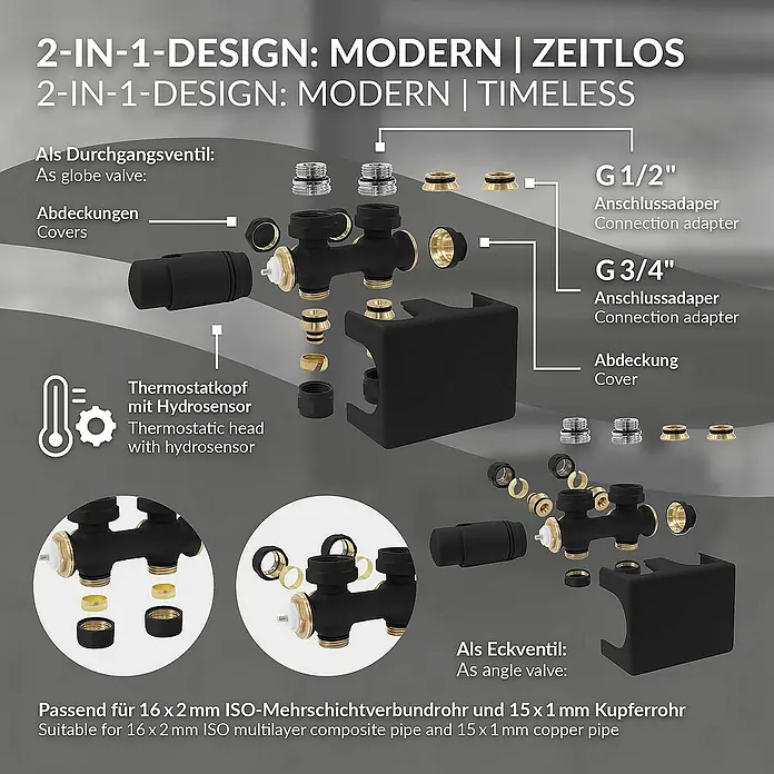 LuxeBath Thermostatventil-Set Schwarz Universal Eck-Durchgangsform + Thermostatkopf - Durchgangsventil - 2-in-1 Design: Modernes und zeitloses Ventil-Set für Heizkörper mit Thermostatkopf und verschiedenen Anschlussadaptern.