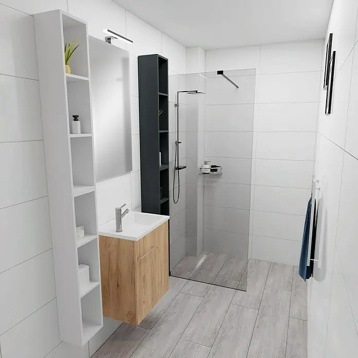 Camargue Espacio Badmöbel-Set H56 - 90 cm, Doce - Ein Badezimmer mit Waschbeckenunterschrank in Holzoptik, weißem Hochschrank und einer Dusche mit Glaswand. Moderne Badezimmergestaltung.