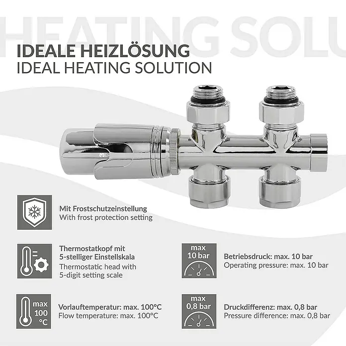 LuxeBath Thermostatventil - Durchgangsventil - Abbildung einer Heizungslösung mit Frostschutzeinstellung und Thermostatkopf mit 5-stelliger Einstellskala.
