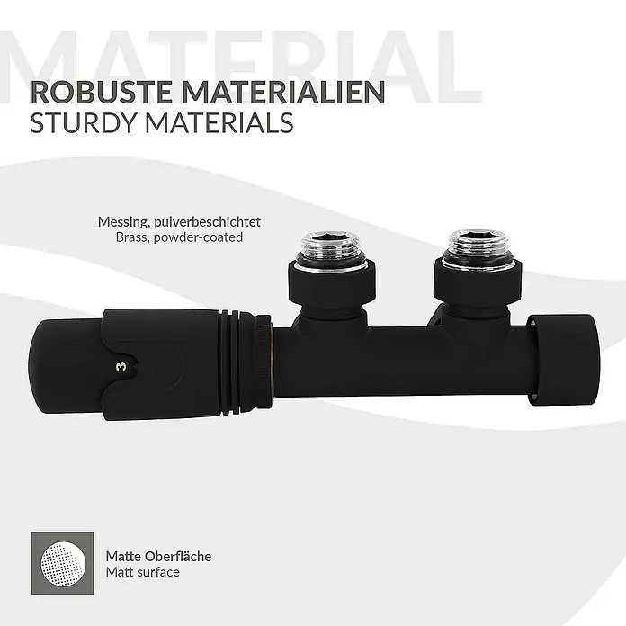 LuxeBath Thermostatventil-Set - Eckventil - Schwarzer Heizkörperanschluss aus pulverbeschichtetem Messing für robuste und langlebige Heizkörperinstallationen mit matter Oberfläche.