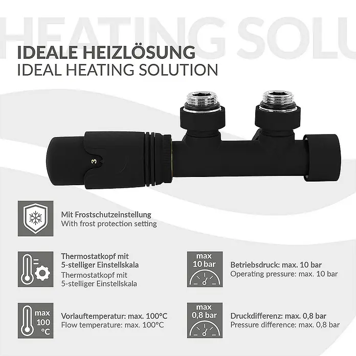 LuxeBath Thermostatventil-Set - Eckventil - Bild einer schwarzen Heizungslösung mit Thermostatkopf und Frostschutzeinstellung für ideales Heizen.