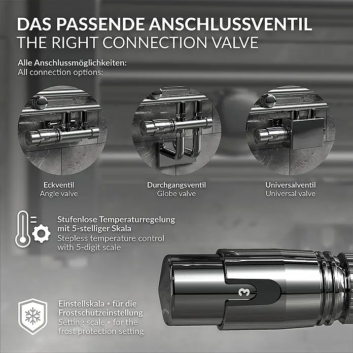 LuxeBath Thermostatventil - Durchgangsventil - Das passende Anschlussventil: Eckventil, Durchgangsventil und Universalventil mit stufenloser Temperaturregelung und Frostschutzeinstellung.