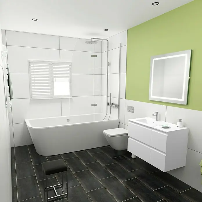 Camargue Espacio Badmöbel-Set H2 - 90 cm, Gama weiß matt - Badezimmer mit Badewanne, Waschtisch und Toilette. Die schwarzen Bodenfliesen bilden einen schönen Kontrast zu den weißen Wandfliesen.