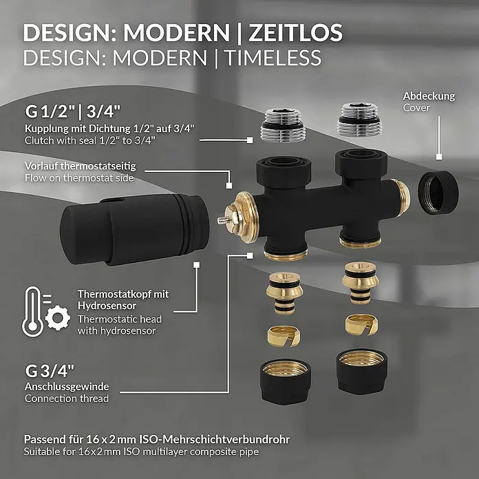 LuxeBath Thermostatventil-Set - Durchgangsventil - Produktbild einer modernen Thermostatarmatur in Schwarz und Gold mit Zubehör für Heizungsinstallationen.