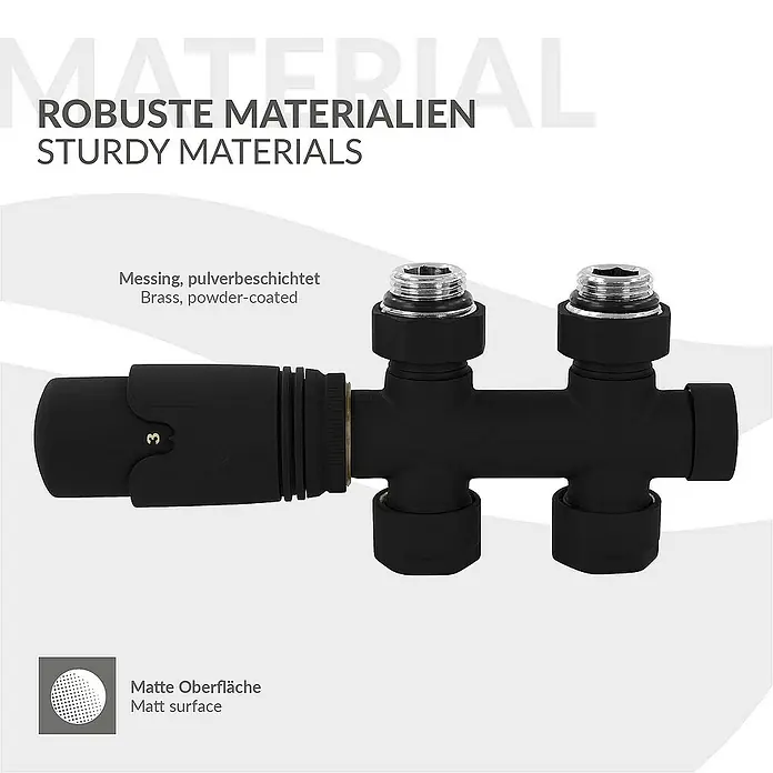 LuxeBath Thermostatventil-Set - Durchgangsventil - Nahaufnahme einer thermostatischen Heizkörperarmatur aus messingfarbenem, pulverbeschichtetem Material mit matter Oberfläche.