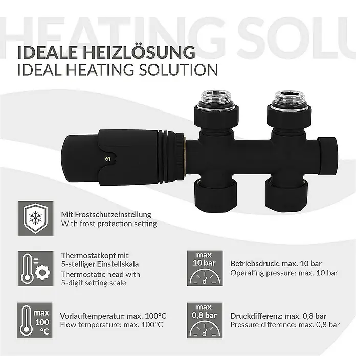 LuxeBath Thermostatventil-Set - Durchgangsventil - Produktbild einer Heizungslösung mit Thermostatkopf und Frostschutzeinstellung.