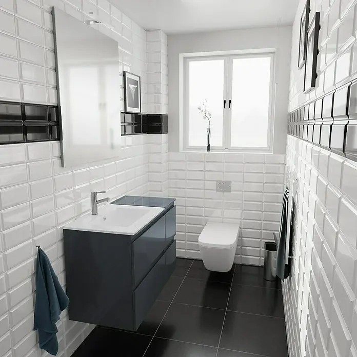 Camargue Espacio Badmöbel-Set H15 - 90 cm, Gama anthrazit glänzend - Modernes Badezimmer mit weißer Wandfliese, schwarzem Boden und grauem Waschbeckenunterschrank mit Spiegel für ein elegantes Ambiente.