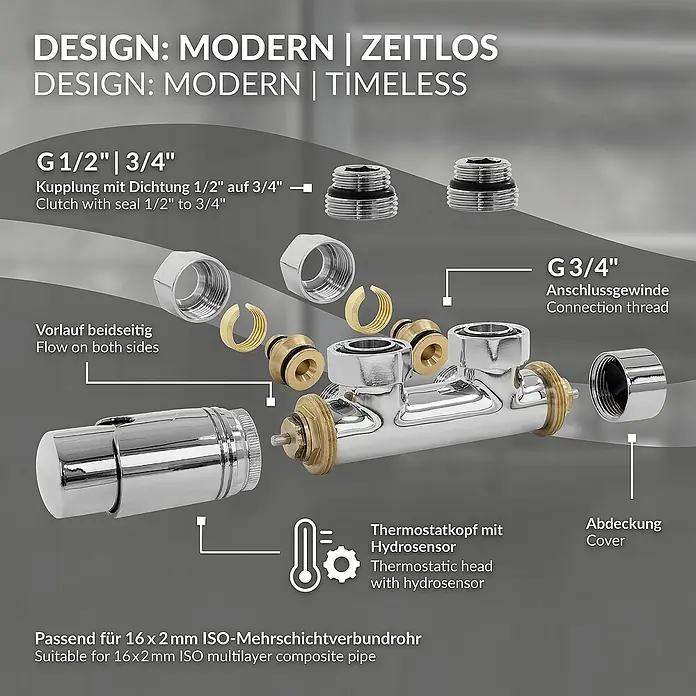 LuxeBath Thermostatventil - Eckventil - Exploded view of a modern thermostatic valve with connections and components, showcasing its design and functionality.