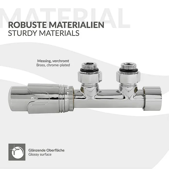 LuxeBath Thermostatventil - Eckventil - Das Bild zeigt ein glänzendes, verchromtes Messing-Heizkörperthermostat mit der Aufschrift "Robuste Materialien" und "Glänzende Oberfläche".