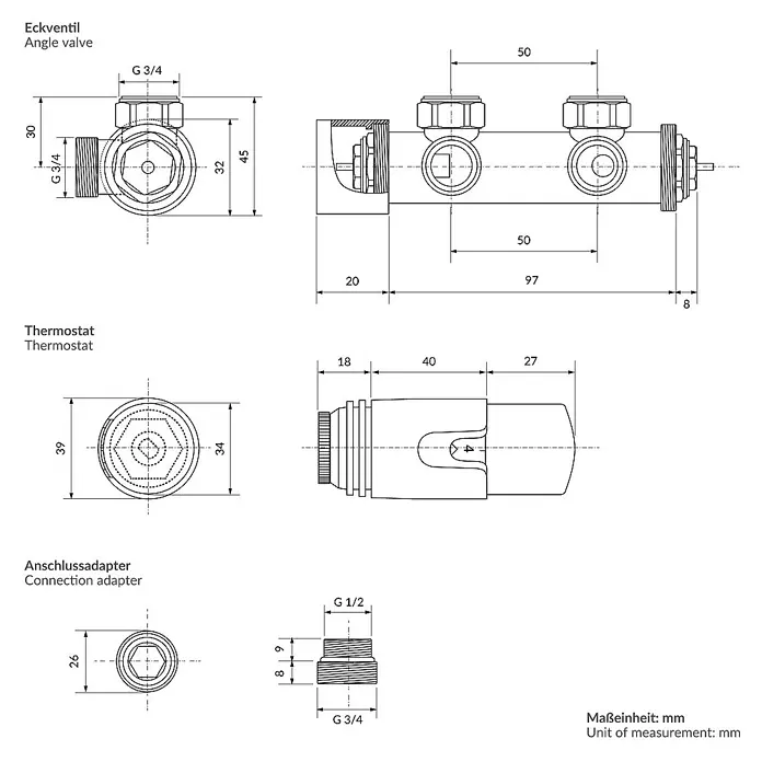 LuxeBath Thermostatventil - Eckventil - Abbildung eines Eckventils, Thermostats und Anschlussadapters mit Maßangaben für Sanitärinstallationen.