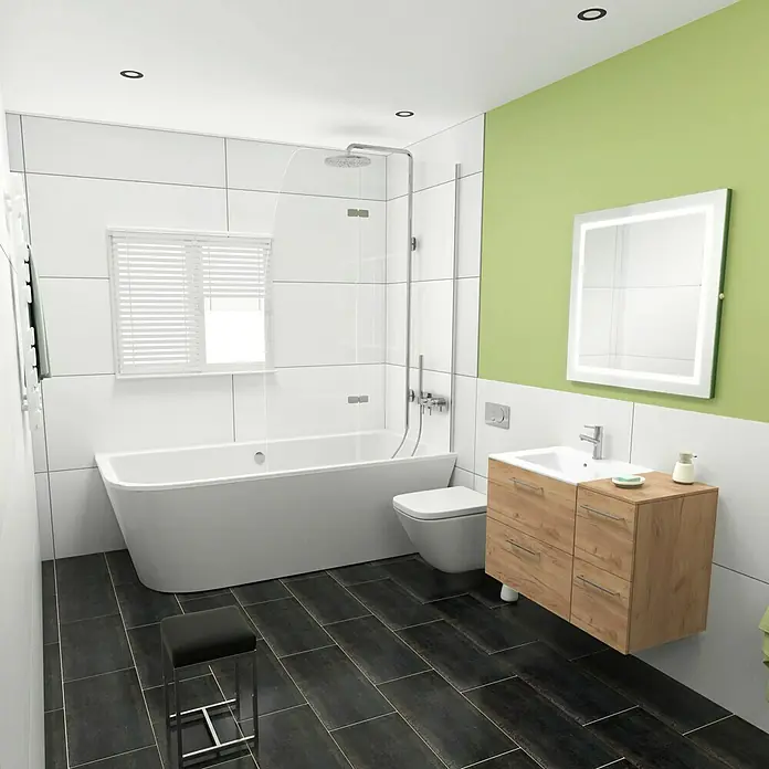 Camargue Espacio Badmöbel-Set H6 - 90 cm, Doce - Modernes Badezimmer mit Badewanne, Dusche, Waschtisch und WC in stilvollem Design. Die dunklen Bodenfliesen setzen einen eleganten Kontrast.