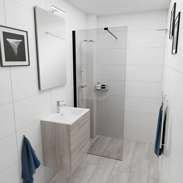 Camargue Espacio Badmöbel-Set E56 - 60 cm, Faro - Helles Badezimmer mit einer modernen Waschtischkombination in Holzoptik und einer stilvollen Duschkabine mit schwarzem Rahmen.