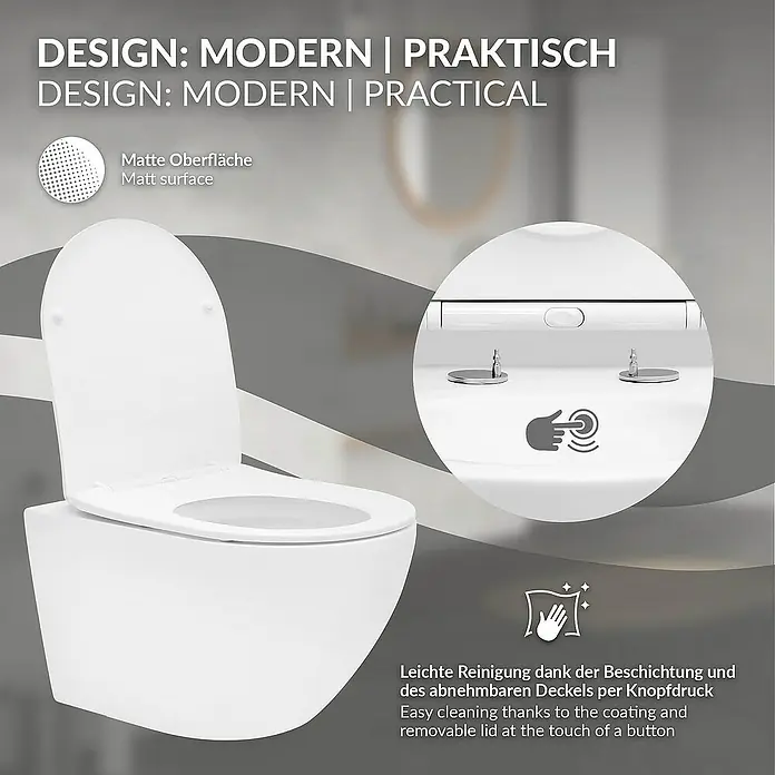 LuxeBath Wand-WC lang Weiß Duroplast Tiefspüler - Spülrandlos, Spülform: Tief, WC Abgang: Waagerecht, Weiß - Nahaufnahme einer modernen, wandhängenden Toilette mit abnehmbarem Deckel und matter Oberfläche.