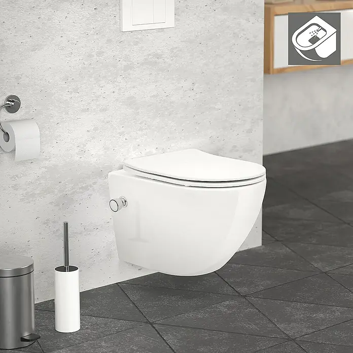 LuxeBath Wand-WC kurz Weiß mit Bidet Funktion Toilettensitz Duroplast - Spülrandlos, Spülform: Tief, WC Abgang: Waagerecht, Weiß - Nahaufnahme einer modernen, wandhängenden Toilette mit klaren Linien und einem minimalistischen Design in einem stilvollen Badezimmer.