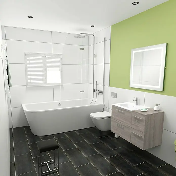 Camargue Espacio Badmöbel-Set H7 - 90 cm, Faro - Ein Badezimmer mit einer Badewanne, einer Toilette, einem Waschtisch und einem beleuchteten Spiegel, akzentuiert durch eine grüne Wand.