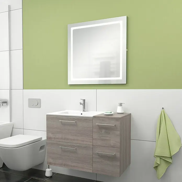 Camargue Espacio Badmöbel-Set H7 - 90 cm, Faro - Badezimmerwaschtisch mit Waschbecken und Spiegel mit LED-Beleuchtung, dazu ein WC und Handtuch. Schlichtes, modernes Design.
