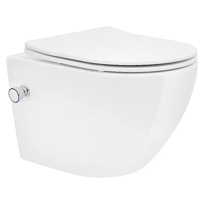 LuxeBath Wand-WC kurz Weiß mit Bidet Funktion Toilettensitz Duroplast - Spülrandlos, Spülform: Tief, WC Abgang: Waagerecht, Weiß - Nahaufnahme einer weißen, wandhängenden Toilette mit geschlossenem Deckel und einem silbernen Spülknopf an der Seite.