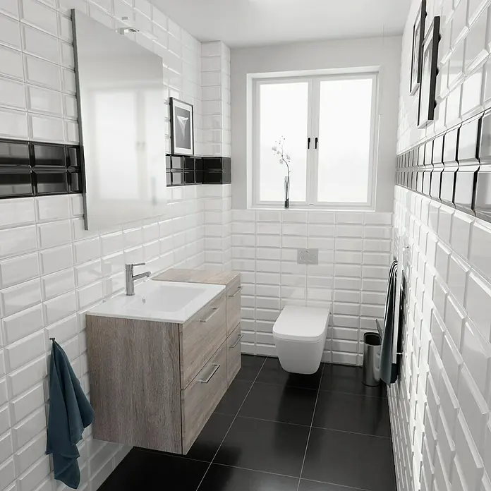 Camargue Espacio Badmöbel-Set H17 - 90 cm, Faro - Modernes Badezimmer mit weißer Toilette, Waschtischunterschrank in Holzoptik und einem großem Spiegel für ein elegantes Ambiente.