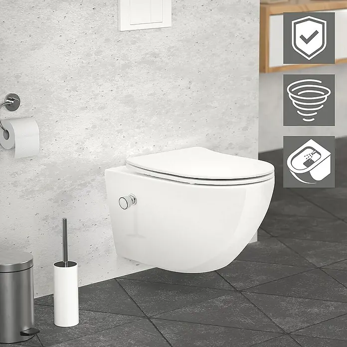 LuxeBath Wand-WC lang 54cm Weiß Bidet-Funktion Nano Beschichtung - Weiß - Bild eines wandhängenden WCs mit Spülkasten und weiteren Badaccessoires im modernen Badezimmer.