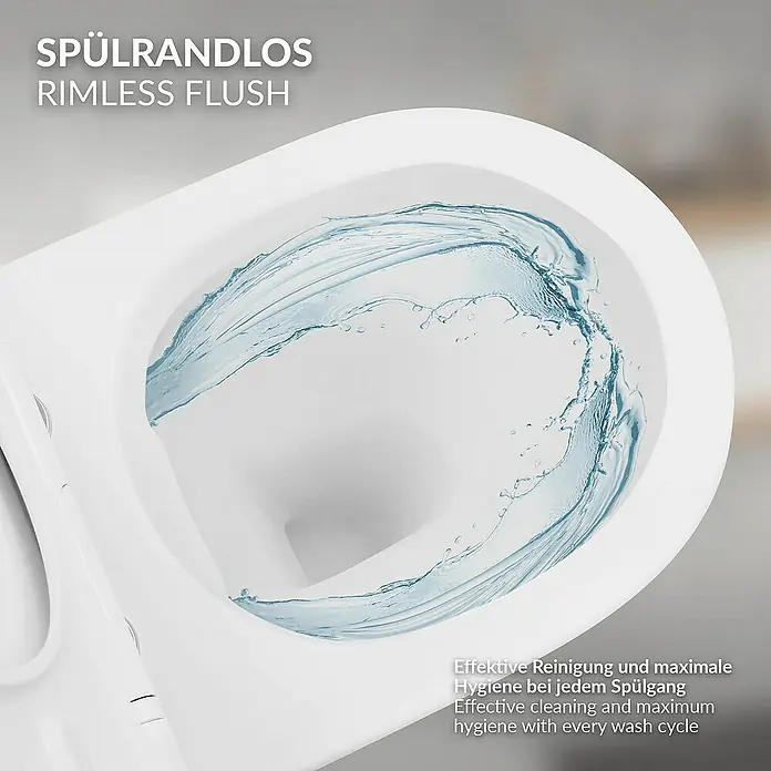 LuxeBath Wand-WC Weiß mit Nano Beschichtung lang Lotus Effekt - Spülrandlos, Mit antibakterieller Glasur, Spülform: Tief, WC Abgang: Waagerecht, Weiß - Das Bild zeigt eine spülrandlose Toilette mit sauberem Spülvorgang für maximale Hygiene. Effektive Reinigung bei jedem Spülgang.