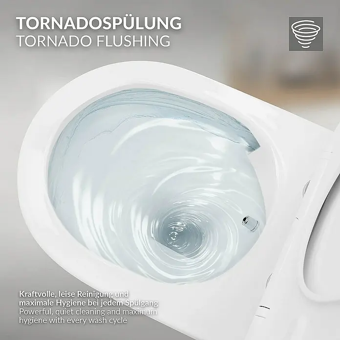LuxeBath Wand-WC lang 54cm Weiß Bidet-Funktion Nano Beschichtung - Weiß - Bild einer Toilette mit Tornado-Spülung. Kraftvolle, leise Reinigung und maximale Hygiene bei jedem Spülgang.
