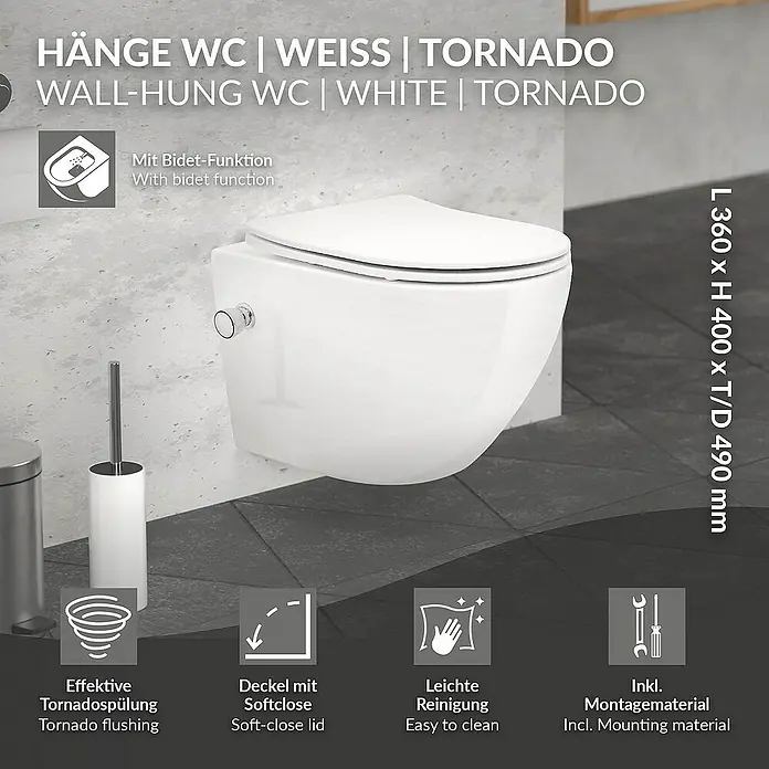 LuxeBath Wand-WC kurz 49cm Weiß Bidet-Funktion Tornadospülung Softclose - Weiß - Abbildung einer weißen Hänge-WC-Garnitur mit Bidetfunktion, inklusive Tornado-Spülung und Soft-Close-Deckel für leichte Reinigung.