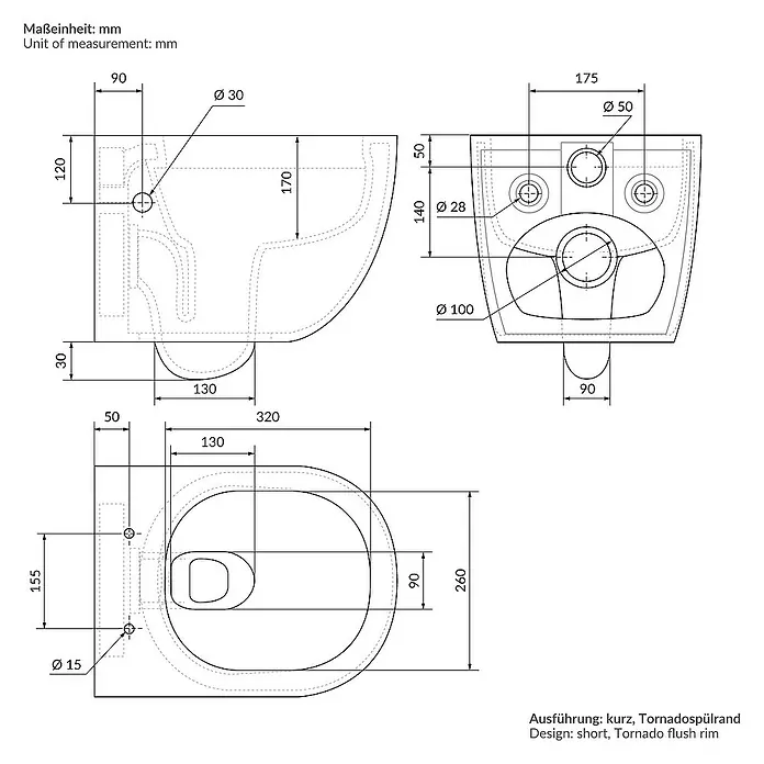 LuxeBath Wand-WC kurz 49cm Weiß Bidet-Funktion Tornadospülung Softclose - Weiß - Technische Zeichnung einer Toilette mit Maßangaben und Details zur Ausführung.