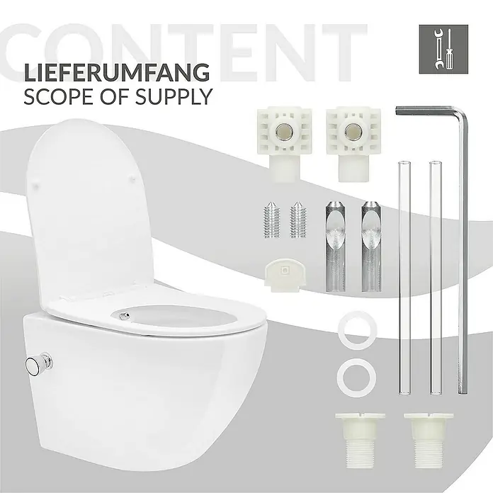 LuxeBath Wand-WC kurz 49cm Weiß Bidet-Funktion Tornadospülung Softclose - Weiß - Lieferumfang eines Wand-WC-Sets mit Montagezubehör, inklusive Befestigungen, Schrauben, Dichtungen und Werkzeug für die Installation.