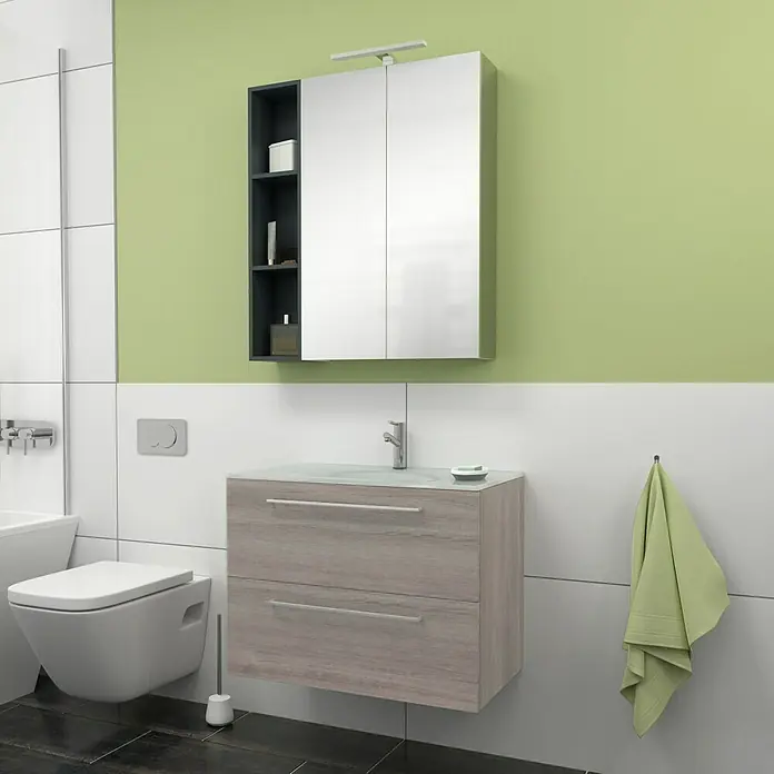 Camargue Espacio Einbauwaschbecken Puro - 80 x 46 cm, Weiß - Badezimmer-Interieur mit Waschtischunterschrank und Spiegelschrank in modernem Design für ein stilvolles Ambiente.