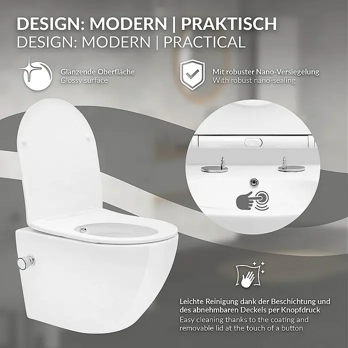 LuxeBath Wand-WC kurz mit Bidet-Funktion & Nano Beschichtung Tornadospülung - Weiß - Elegante, wandhängende Toilette mit glänzender Oberfläche und Nano-Versiegelung für einfache Reinigung per Knopfdruck.