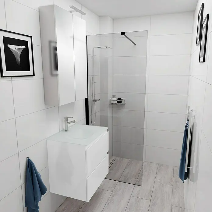 Camargue Espacio Badmöbel-Set E22 - 60 cm, Gama weiß glänzend - Badezimmer mit weißem Waschtisch und Spiegelschrank, sowie einer Duschkabine. Das moderne Design zeichnet sich durch klare Linien aus.
