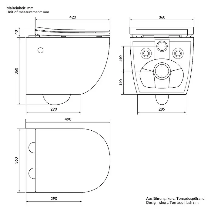 LuxeBath Wand-WC kurz mit Bidet-Funktion & Nano Beschichtung Tornadospülung - Weiß - Technische Zeichnung eines Wand-WCs mit Abmessungen in mm.