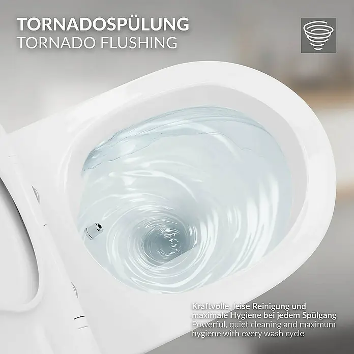LuxeBath Wand-WC kurz mit Bidet-Funktion & Nano Beschichtung Tornadospülung - Weiß - Bild einer Toilette mit Tornado-Spülung, die für kraftvolle und leise Reinigung mit maximaler Hygiene bei jedem Spülgang sorgt.