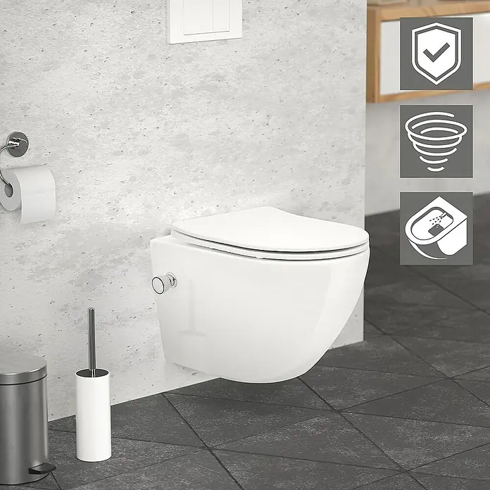 LuxeBath Wand-WC kurz mit Bidet-Funktion & Nano Beschichtung Tornadospülung - Weiß - Das Bild zeigt eine moderne, wandhängende Toilette mit spülrandlosem Design und zusätzlichen Hygienefunktionen für ein sauberes Badezimmer.