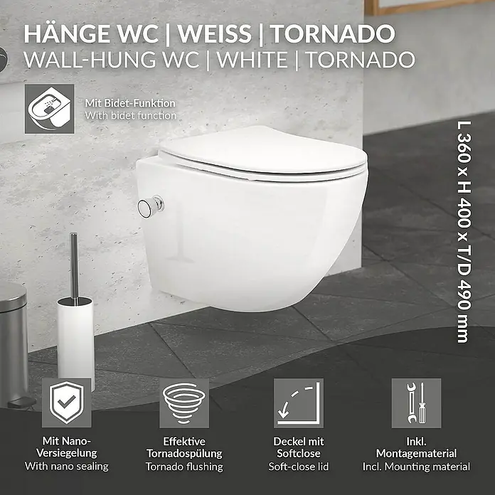LuxeBath Wand-WC kurz mit Bidet-Funktion & Nano Beschichtung Tornadospülung - Weiß - Bild einer wandhängenden Toilette in Weiß mit Tornado-Spülung, Bidet-Funktion, Nano-Versiegelung und Soft-Close-Deckel.