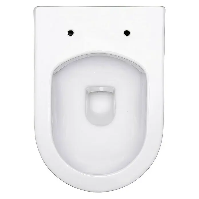 SCHÖNER WOHNEN-Kollektion Wand-WC Hänge-WC Antus Spülrandlos Weiß - Spülrandlos, Spülform: Tief, WC Abgang: Waagerecht, Weiß - Nahaufnahme einer wandhängenden, weißen Keramiktoilette mit Befestigungslöchern und rechteckigem Design.