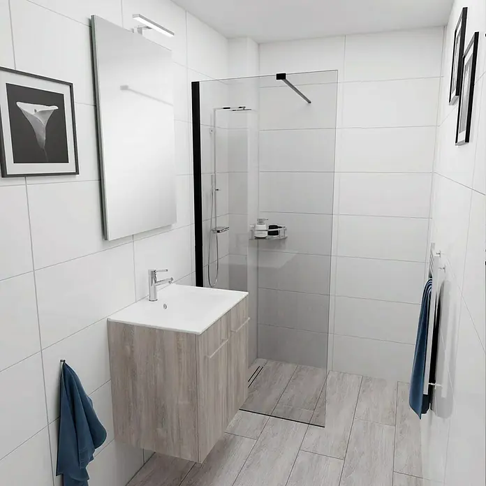 Camargue Espacio Badmöbel-Set E77 - 60 cm, Faro - Ein modernes Badezimmer mit Waschtischunterschrank in Holzoptik, Spiegel und Dusche, die ein elegantes und funktionales Design bieten.