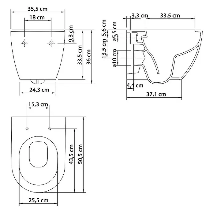 SCHÖNER WOHNEN-Kollektion Wand-WC Hänge-WC Antus Spülrandlos Weiß - Spülrandlos, Spülform: Tief, WC Abgang: Waagerecht, Weiß - Technische Zeichnung einer hängenden Toilette mit Maßangaben zu Breite, Höhe und Tiefe.