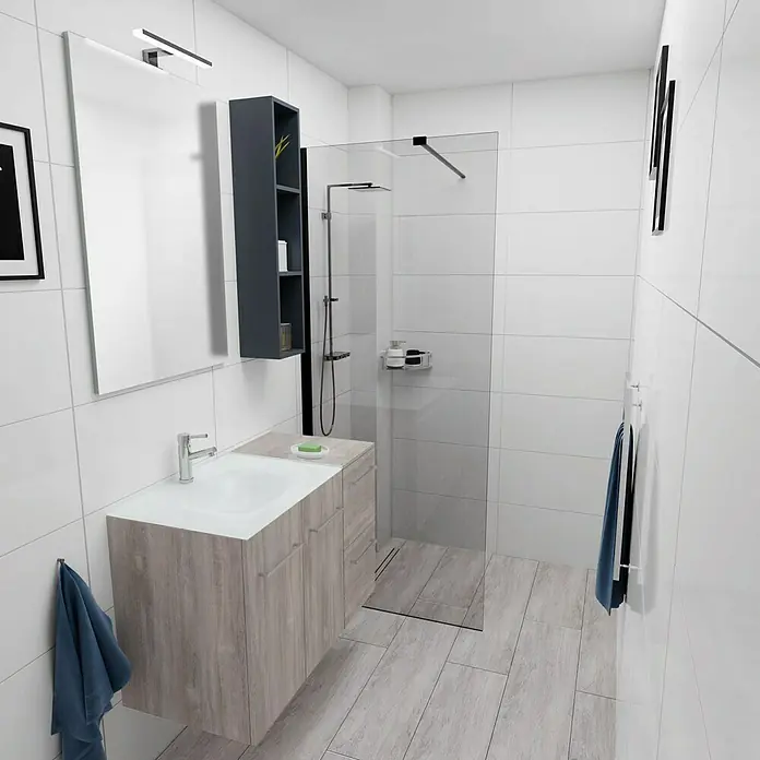 Camargue Espacio Badmöbel-Set H27 - 90 cm, Faro - Badezimmerinterieur mit Waschtisch, Spiegel, Dusche und Handtüchern in einem modernen Design mit hellen Farben und klaren Linien.