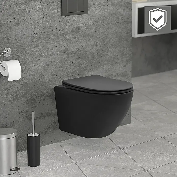 LuxeBath Wand-WC - Spülrandlos, Mit antibakterieller Glasur, Spülform: Tief, WC Abgang: Waagerecht, Schwarz - Eine moderne, an der Wand montierte, schwarze Toilette mit minimalistischem Design für ein stilvolles Badezimmer.