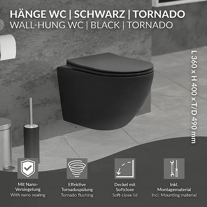 LuxeBath Wand-WC kurz 49cm Schwarz Nano Beschichtung Tornadospülung - Schwarz - Schwarze Hänge-Toilette mit Tornado-Spülung und Nano-Versiegelung, inklusive Softclose-Deckel und Montagematerial für einfache Installation.
