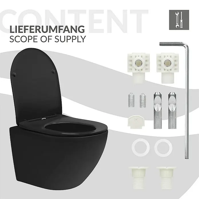LuxeBath Wand-WC - Spülrandlos, Mit antibakterieller Glasur, Spülform: Tief, WC Abgang: Waagerecht, Schwarz - Bild einer hängenden, schwarzen Toilette mit Zubehör, umrandet von Text "Lieferumfang/Scope of supply".