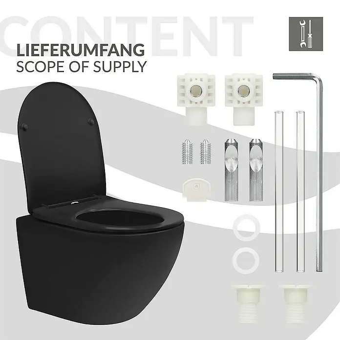 LuxeBath Wand-WC kurz 49cm Schwarz Nano Beschichtung Tornadospülung - Schwarz - Schwarze Hänge-WC-Garnitur mit Installationszubehör, inklusive Befestigungen und Werkzeug für die Montage.