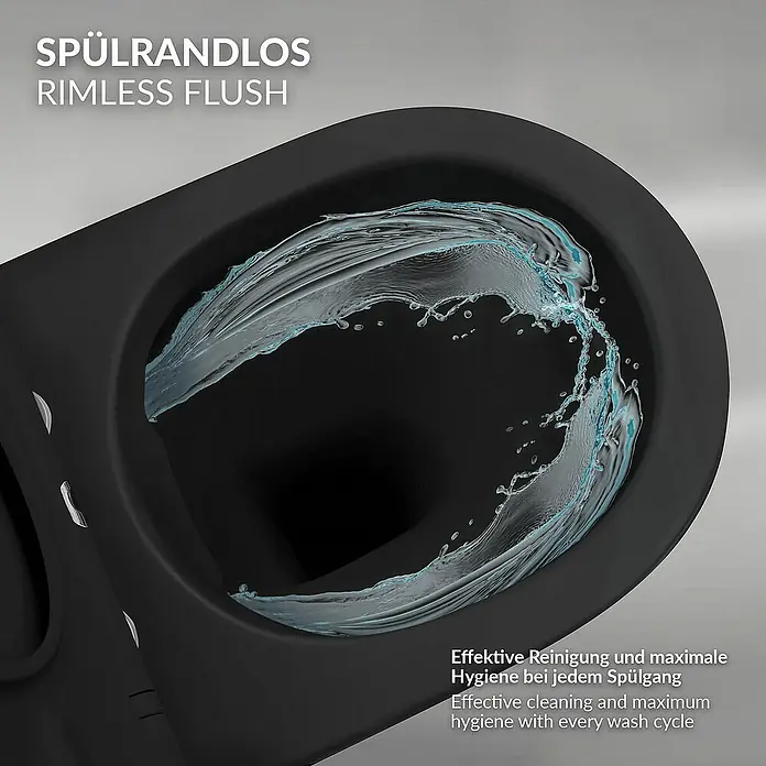 LuxeBath Wand-WC - Spülrandlos, Mit antibakterieller Glasur, Spülform: Tief, WC Abgang: Waagerecht, Schwarz - Bild einer spülrandlosen Toilette, die mit Wasser gespült wird.
