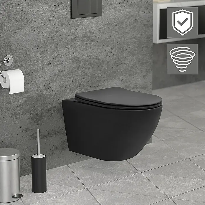 LuxeBath Wand-WC lang 54cm Schwarz Nano Beschichtung Tornadospülung - Schwarz - Eine moderne, wandhängende, schwarze Toilette mit Spülkasten und Toilettenpapierhalter im Badezimmer.