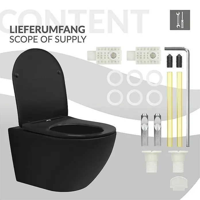 LuxeBath Wand-WC lang 54cm Schwarz Nano Beschichtung Tornadospülung - Schwarz - Schwarze wandhängende Toilette mit Zubehör wie Schrauben, Dichtungen und Befestigungsmaterial für die Installation.