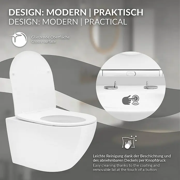 LuxeBath Wand-WC Hochwertiges Weiß mit Antibakterieller Oberfläche Duroplast - Spülrandlos, Spülform: Tief, WC Abgang: Waagerecht, Weiß - Das Bild zeigt eine moderne, wandhängende Toilette mit glänzender Oberfläche und abnehmbarem Deckel für einfache Reinigung.