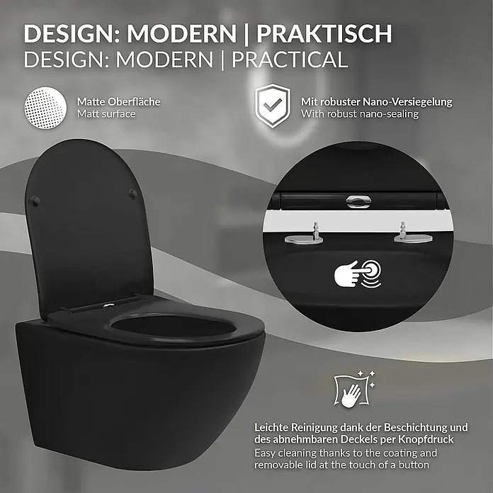 LuxeBath Wand-WC lang 54cm Schwarz Nano Beschichtung Tornadospülung - Schwarz - Schwarze, wandhängende Toilette mit mattem Finish, Nano-Versiegelung für einfache Reinigung und abnehmbarem Deckel auf Knopfdruck.