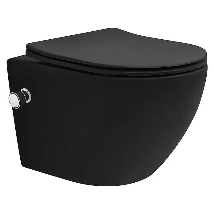 LuxeBath Wand-WC kurz 49cm Schwarz Bidet-Funktion Tornadospülung Softclose - Schwarz - Schwarze Hänge-WC-Keramik mit schlankem Design und einem dezenten Spülknopf für ein modernes Badezimmer.