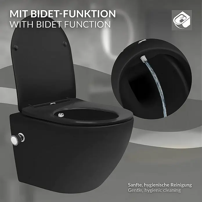 LuxeBath Wand-WC kurz 49cm Schwarz Bidet-Funktion Tornadospülung Softclose - Schwarz - Bild einer schwarzen Toilette mit Bidetfunktion für sanfte, hygienische Reinigung im Badezimmer.